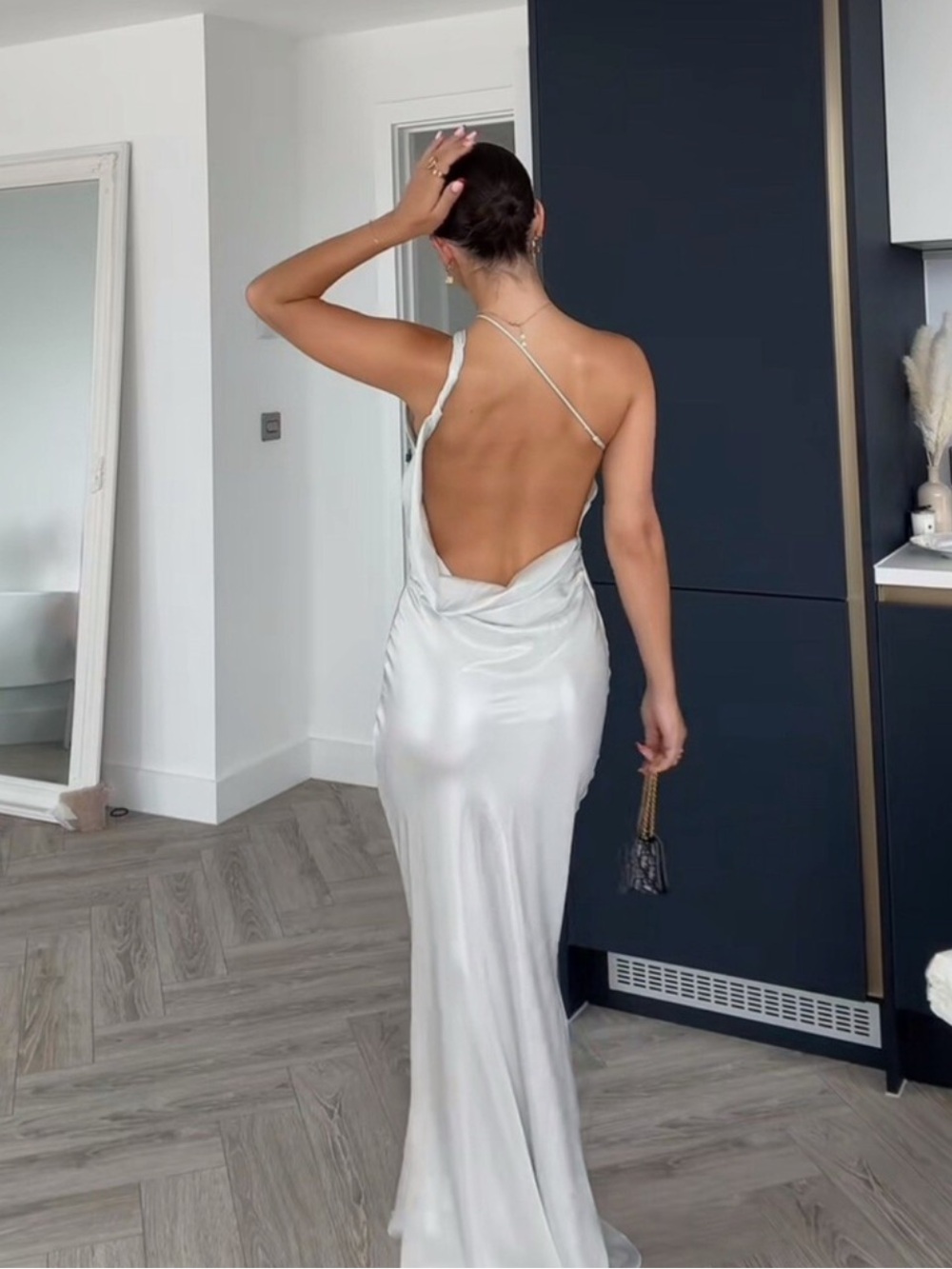 Zara One-Shoulder Satin Slip Dress in Silver